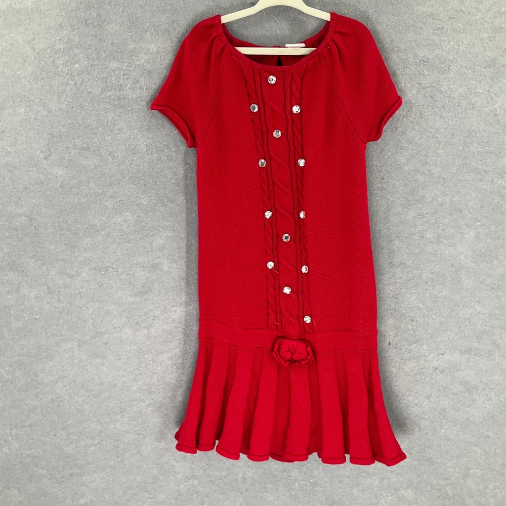 Gymboree Girls Red Knit Dress Rhinestone Cable Knit Flower Sz 8 Holiday Sweater